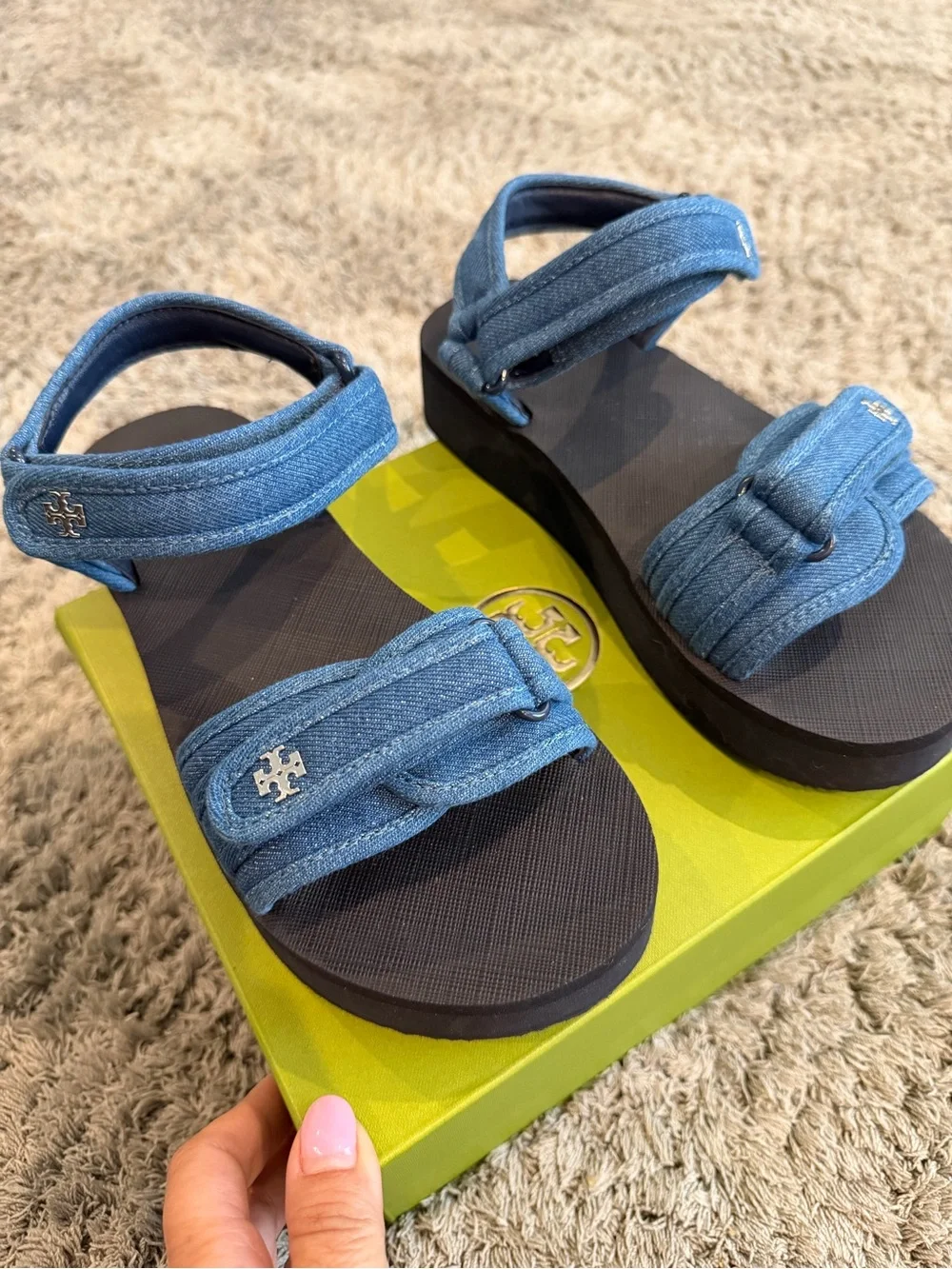 Tory Burch Denim Blue Strap Sandals with Logo Hardware